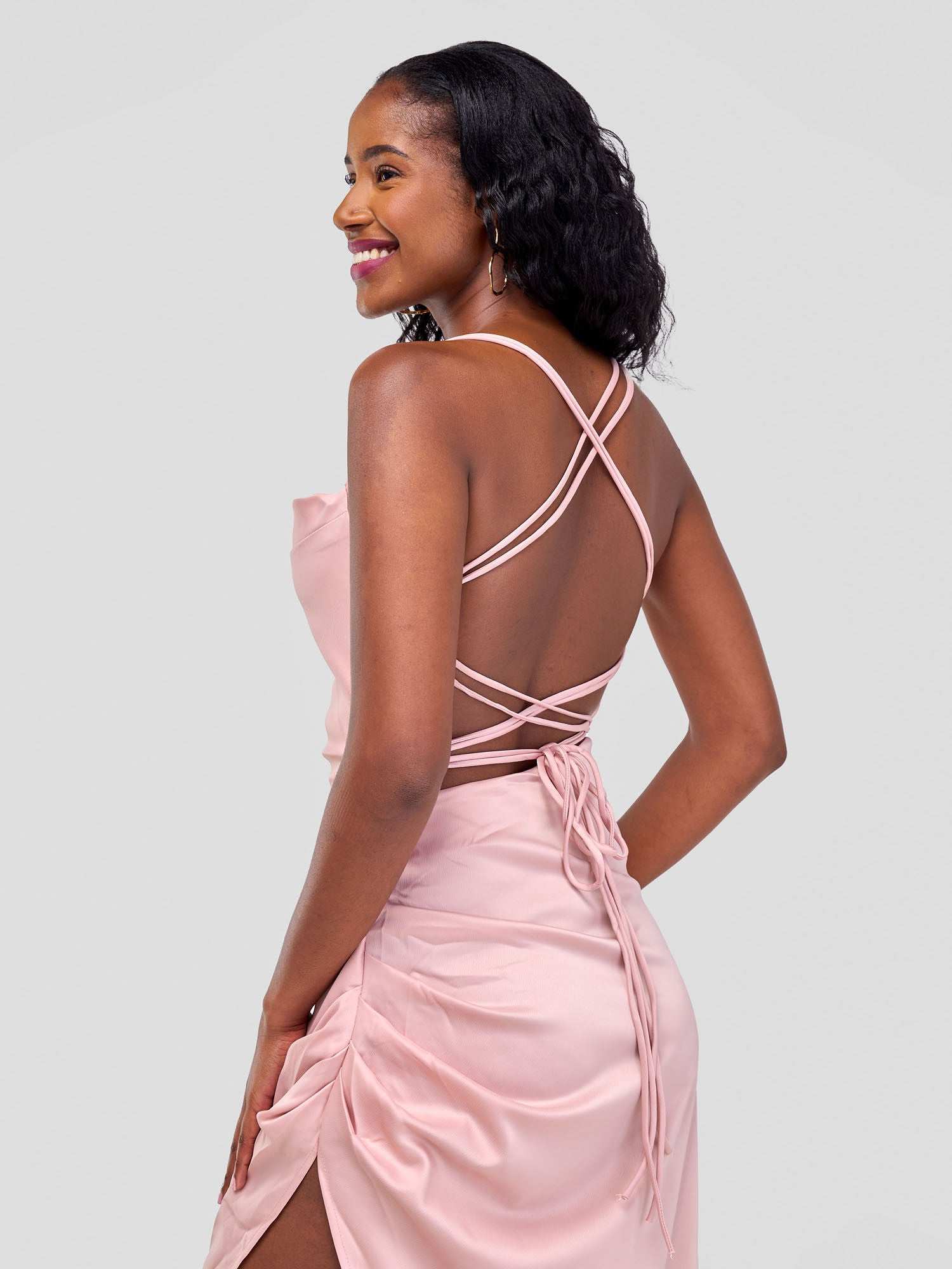 Backless Strappy Satin Dress  With High Side Slit - Baby Pink - image 6