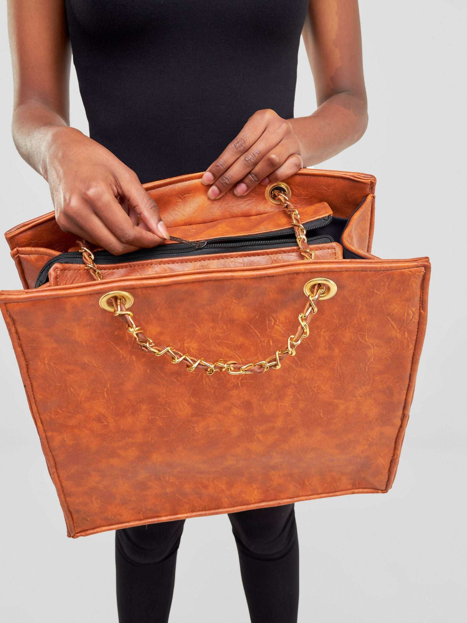 Khay Designs Flat Base Chained Leather Handbag - Brown - image 6